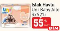 UNİ BABY AİLE 52 YAPRAK 3'LÜ PAKET ISLAK MENDİL